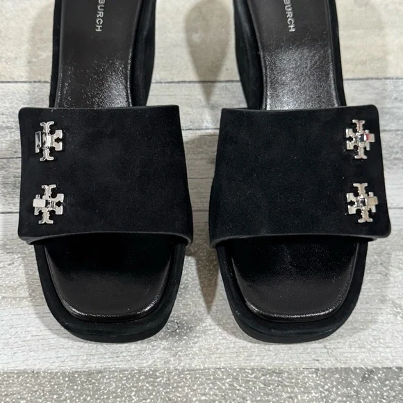 TORY BURCH T-Lock Wedge Sandal - Perfect Black Suede - Size - 7.US